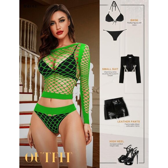 🆕 Women Green Sexy Mesh Lingerie Fishnet Babydoll Long Sleeve Bodysuit Shirts - Picture 3 of 5